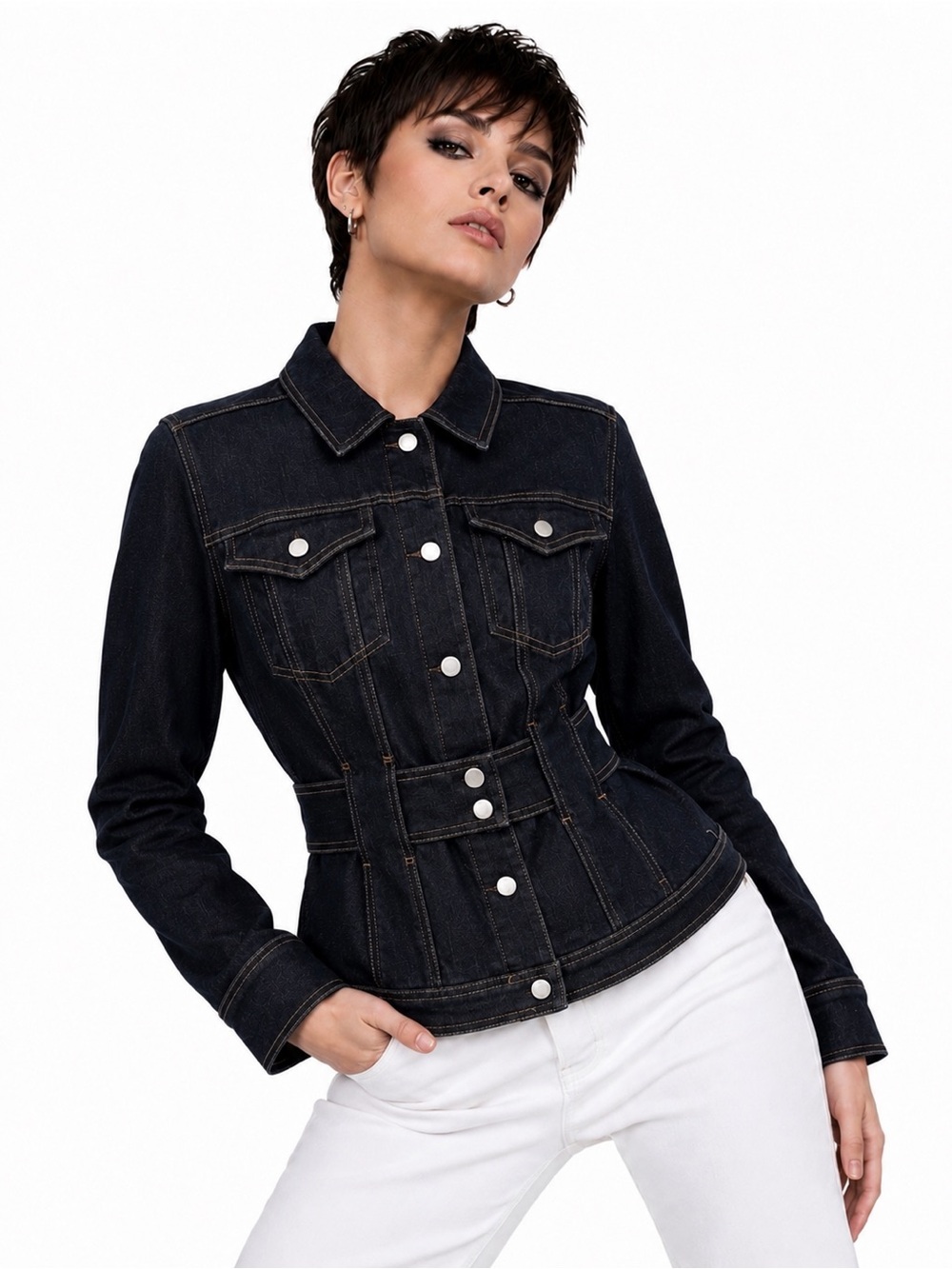 WHBM Dark Wash Denim Jacket Belted Peplum Fitted Flare Snap Front Size 8